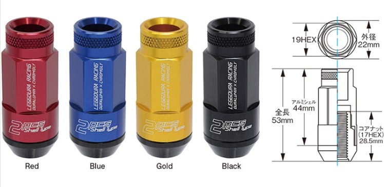 project kics leggdura racing shell type lug nut 53mm open-end look 16 pcs + 4 locks 12x1.25 red wrl5313r