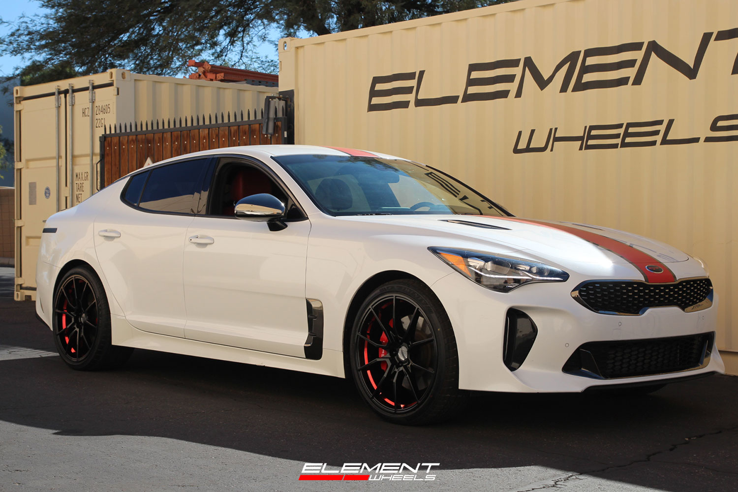 20 inch Staggered Performance Replicas PR193 Gloss Black Red Machined on a 2020 Kia Stinger GT