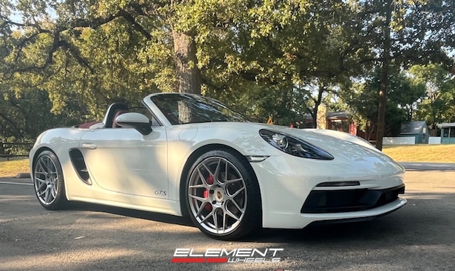 Staggered 20 inch HRE FF01 in Liquid Silver on a 2019 Porsche Boxster 718